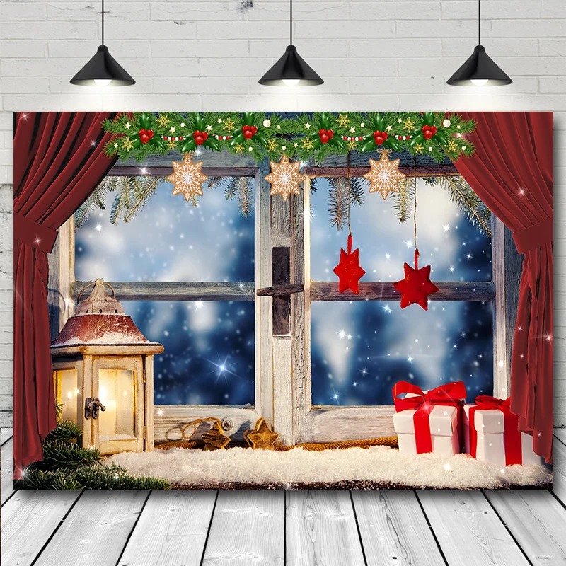 Photography Background Christmas Window Door Glitter Xmas Trees Toy Shop Kids Family Portrait Decor Backdrop Photo Studio