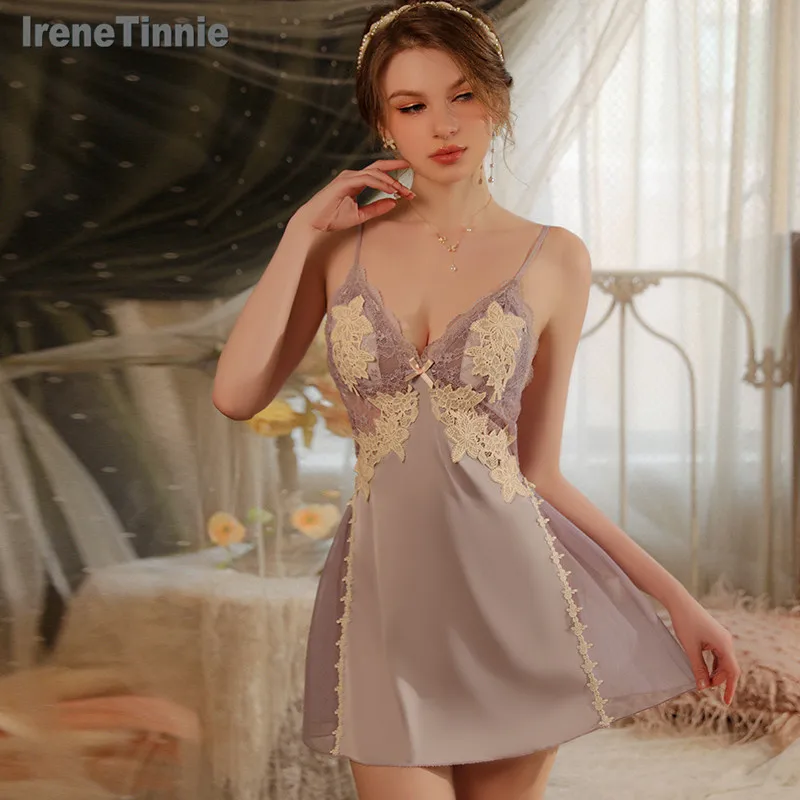 

IRENE TINNIE Women Purple Ice Silk Sleepwear Sexy Lingerie Backless Nightgowns Temptation Hot Strap Nightdress Female Summer