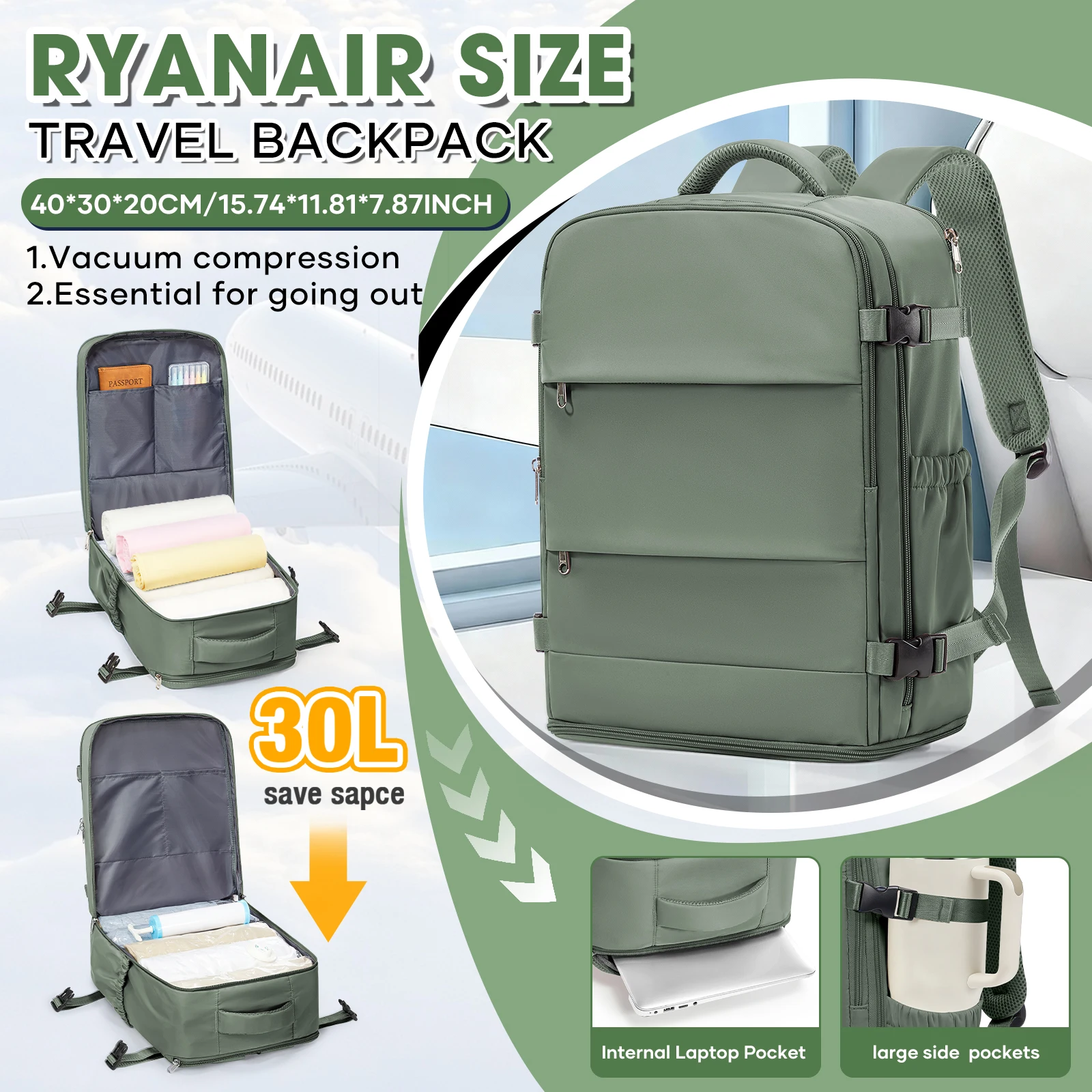 男性女性用大型トラベルバックパック、ライアンエア手荷物用バックパック40x30x20バックパック、ラップトップスクールバックパック、大学週末スクールバッグ