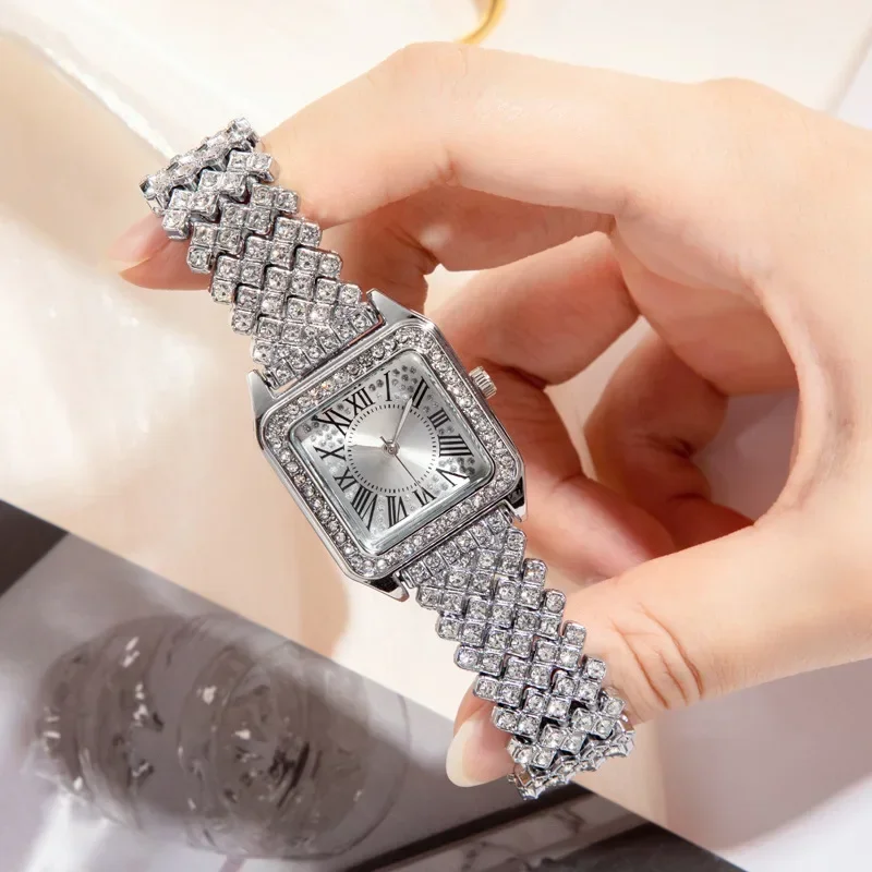 

MAYZHISU Luxury Women's Watch Fashion Square Women Quartz Wristwatch Full Diamond Roman Scale Waterproof Watch Clock for Ladies