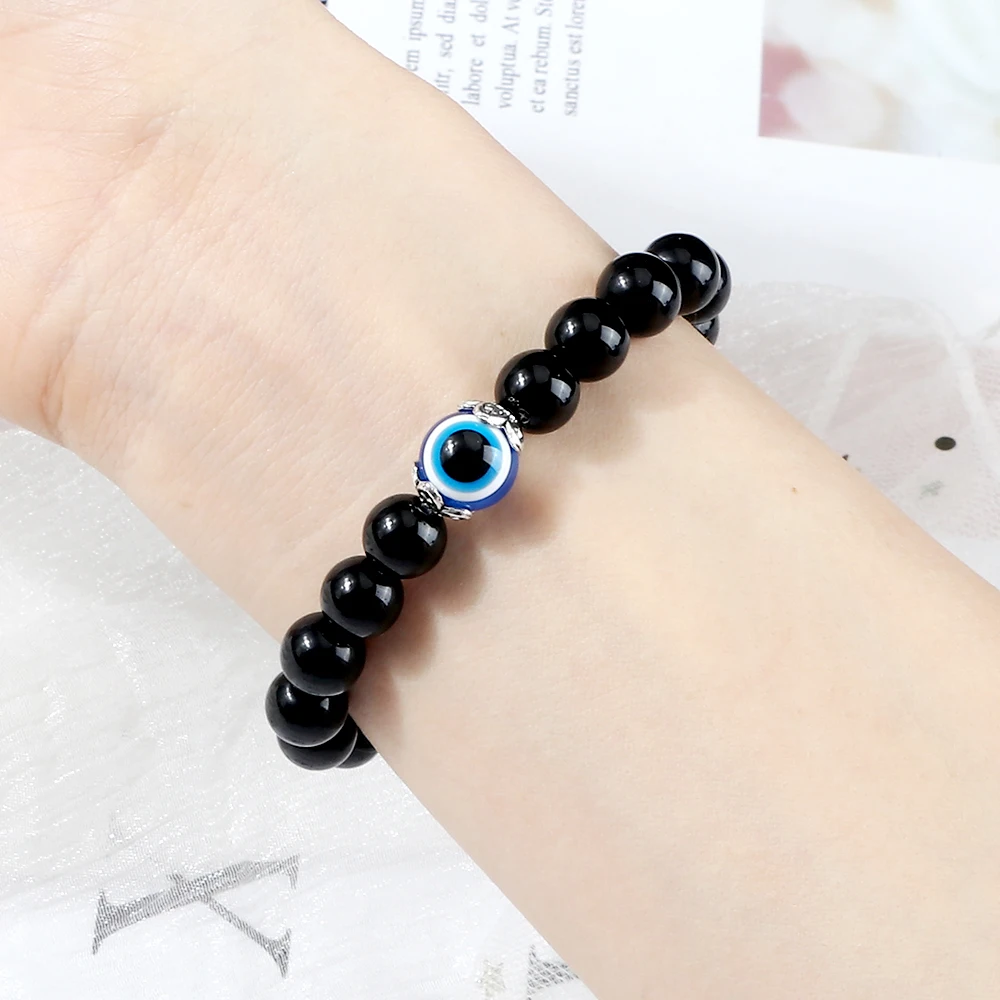 8mm White Cat Eye Stone Beads Evil eye Bracelet Men Tiger Eye Black Beads Turkish style Strand Bracelet For Women female Jewelry