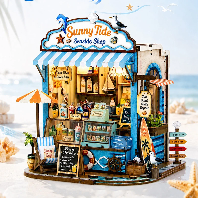 DIY Wooden Seaside Shop Cottage Figurines Miniatures Kits Mini Casa for Friends Birthday Xmas Gifts Home Decor Crafts