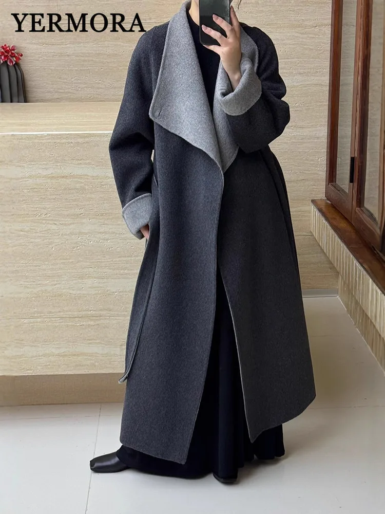 

YERMORA Winter New Gray Patchwork Belt Woolen Coat For Women Lapel Long Sleeve Loose Warm Overcoat Fashion Tide Autumn 2025