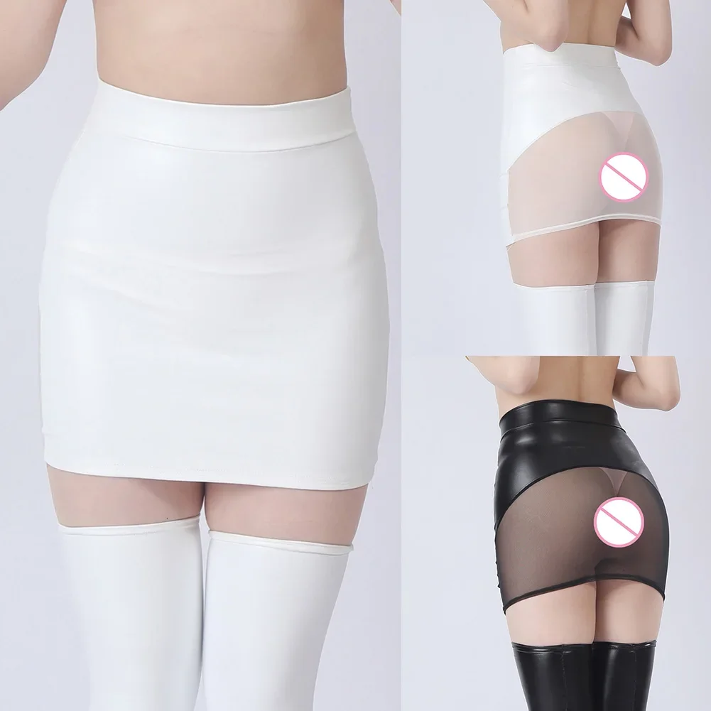 

Women New Style Stretch Patent Leather Hip Skirt Mesh See Through Short Skirt Sexy Erotic Mini Skirts