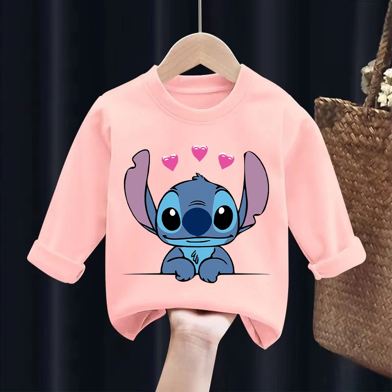 New Lilo Stitch Children Tops Kawaii Disney Cartoon T-shirt for Girls Kids Casual Long Sleeves Tops 2024 Baby Autumn Clothes