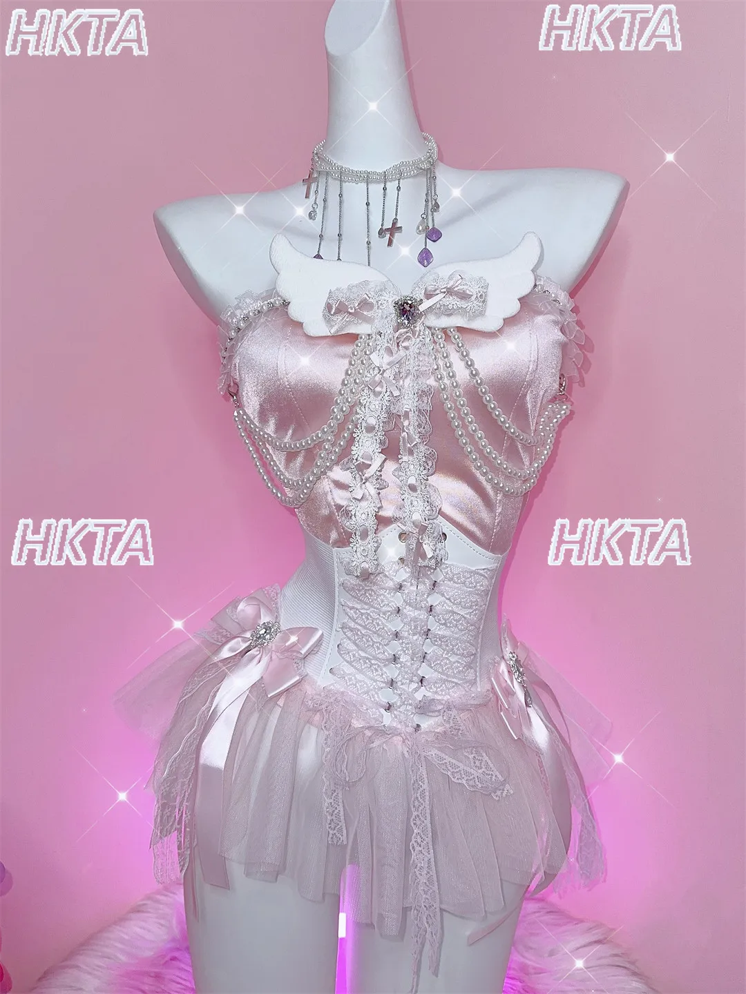 

Женский укороченный топ-жилет Y2K в стиле Лолита: розовый атлас, крылья ангела, жемчуг, бант, кружево, для девушек