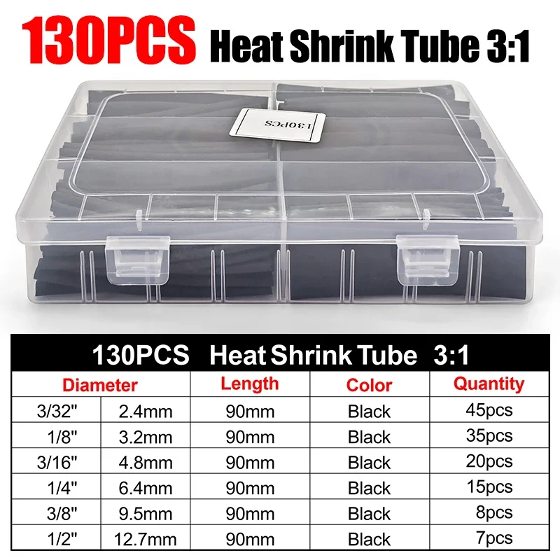 130Pcs Multi Size Black 3:1 Heat Shrink Assortment High Temp Flame Retardant For Auto Engine Wiring Harness Insulation Wrap