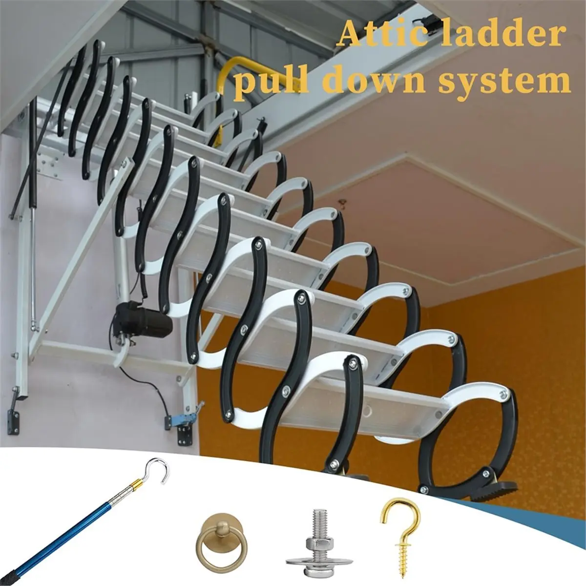 A1696K Attic Ladder Pull Down Stair System Parts,Attic Door Pull Down Hook Cord Rope with Handle Hook Cord Kit Rope Replacement