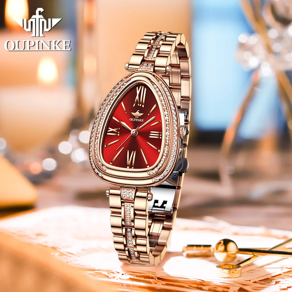 OUPINKE 3192 Women Watch Luxury Brand Automatic Mechanical Stainless Steel Waterproof Watches For Women Triangular Dial Gift