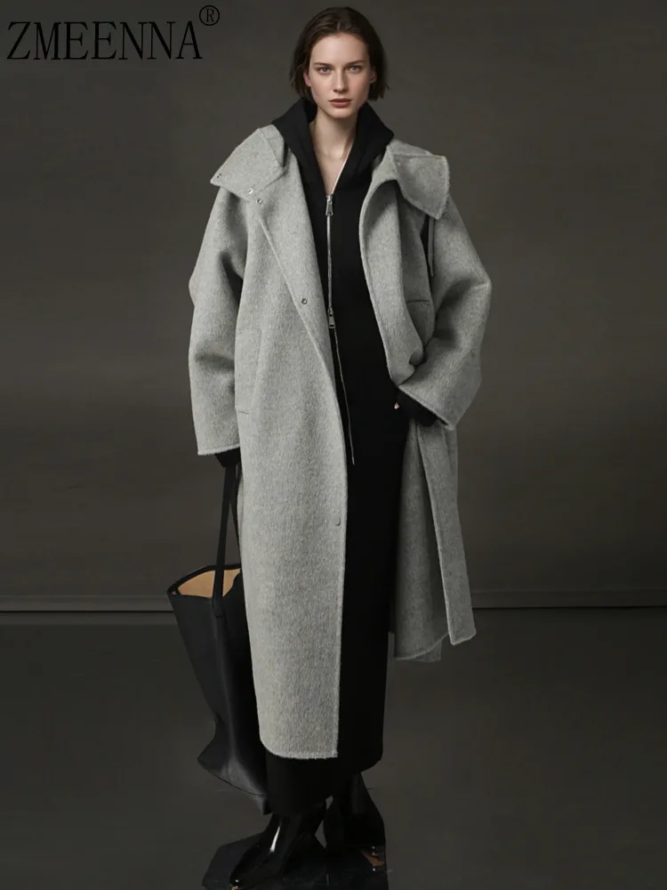

ZMEENNA Women's Grey Wool Blend Long Coat With Hood Casual Loose Fit Winter Overcoat Stylish Warm Outerwear Modern ZM3463