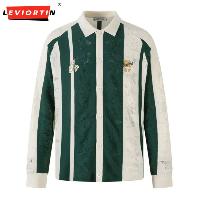 

Весенне-осенний мужской модный жаккардовый вязаный свитер с пентаграммой, свободный повседневный цветной контрастный кардиган в вертикальную полоску, свитер