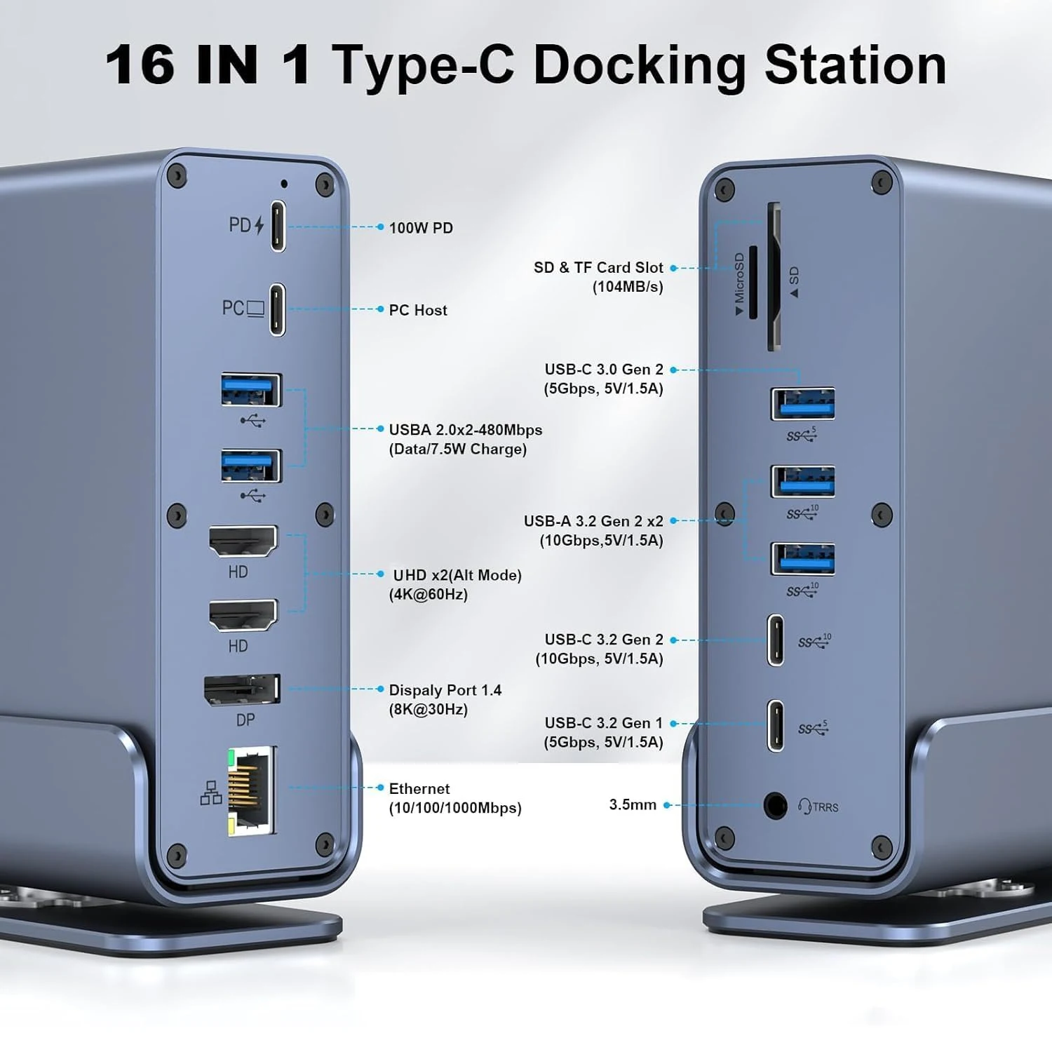 【セール中】Thunderbolt4 USB C ラップトップ ドッキング ステーション、2xHDMI 互換、DP、ギガビット イーサネット、100W PD、SD/TF、3.5mm、USB ポート 16-in-1