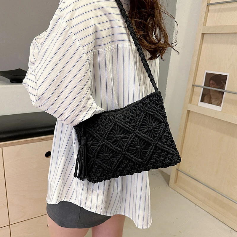 Mode Woven Aushöhlen Schulter Taschen Stroh Sommer Umhängetasche Strand Reise Handtasche Weiblichen Beutel Frauen Messenger Taschen 2024 – Detail 8