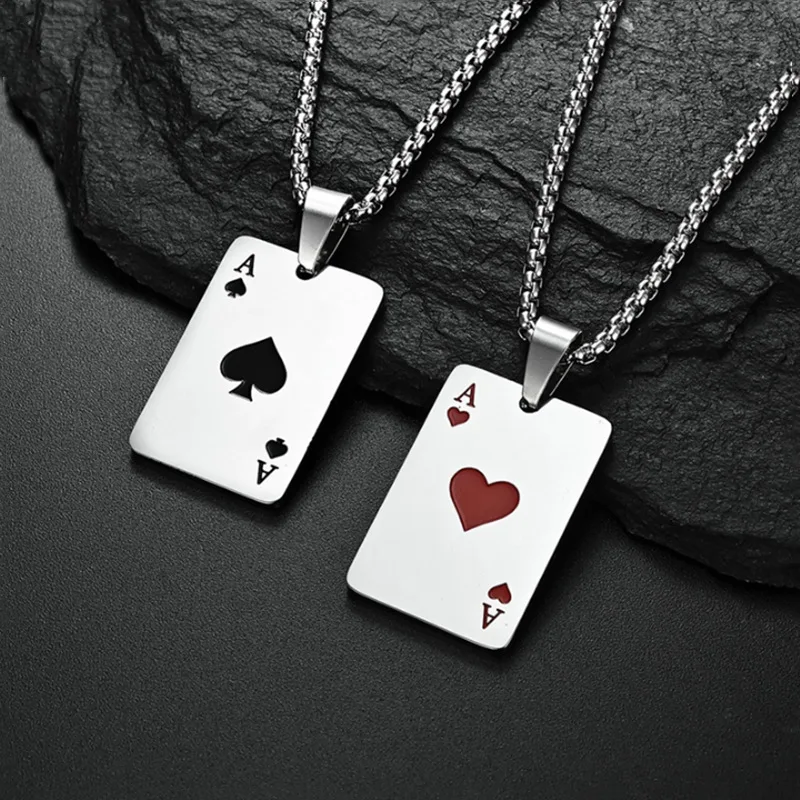 Hip Hop Personality Playing Card Necklace Unisex Hearts Ace of Spades Couple Pendant Necklace Poker Lucky Long Chain Jewelry