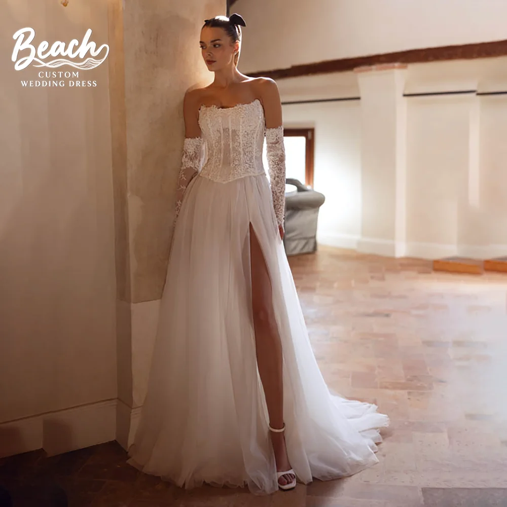 

Пляжное шифоновое свадебное платье трапециевидной формы с длинными рукавами без бретелек с открытой спиной и высоким разрезом длиной до пола, 2025, кружевное платье Vestido De Novia по индивидуальному заказу