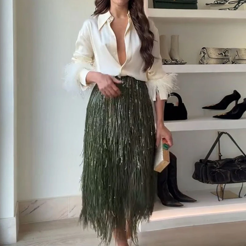 Vrouwen Casual Lange Mouw Feestrok Outfits Elegante Lovertjes Lange Rok 2Pc Pak Mode Revers Knop Shirt & Omzoomde Rok Set