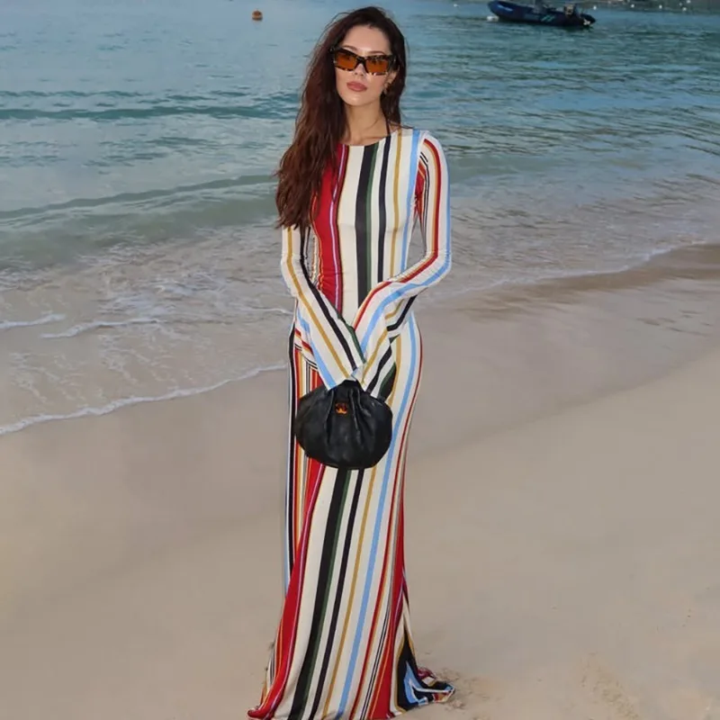

FL New Bohemian Holiday Casual High Street Hot Girl Draped Long Dress Slimming Curve Print Stripes Figure-Revealing Dress 2026