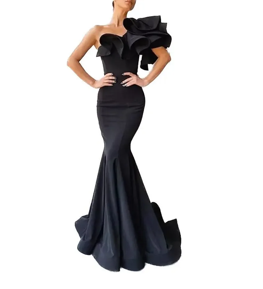 2023 Elegant Mermaid Black Long Prom Dresses for Women Luxury Satin One-shoulder Simply Formal Party Celebrity Bridesmaid Gowns