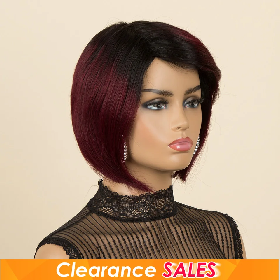 Burgundy 1B/99J Short Pixie Cut Side Part Straight Bob 100% Human Hair Wig For Women Brazilian Remy Hair Color Full Machine Made - Image 2