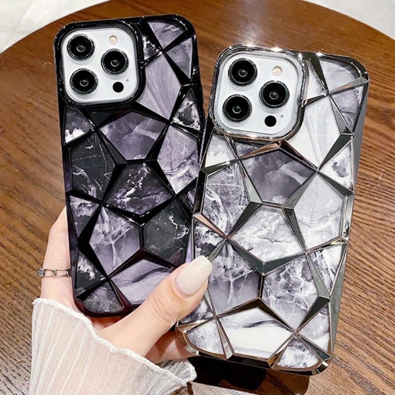 

Luxury Plating Colour Fashion Rhombic Marble Phone Case Protective Back Cover For iPhone 15 Pro Max