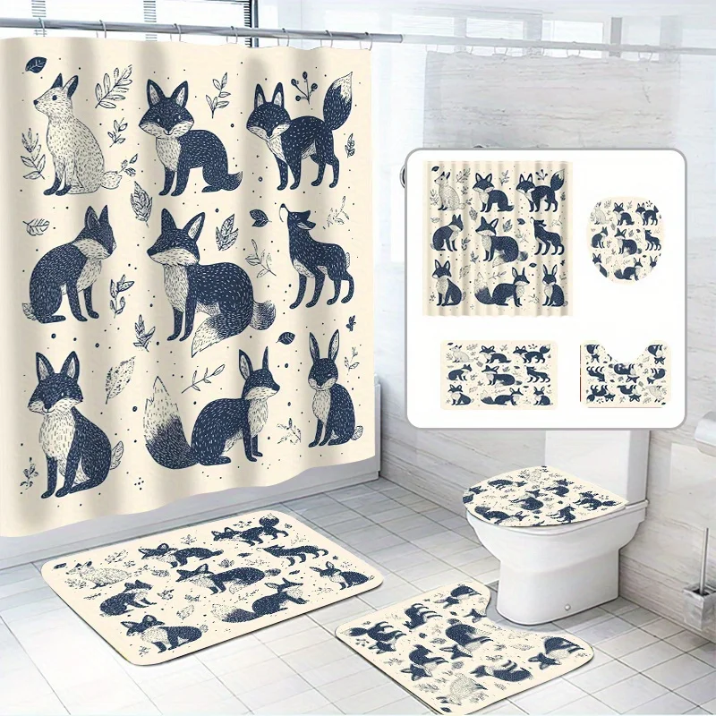 

Набор для душа из 4 предметов с милой лисой — 9 узоров лисы, поставляется с 12 крючками, нескользящим ковриком и сиденьем для унитаза, современный декор для ванной комнаты.