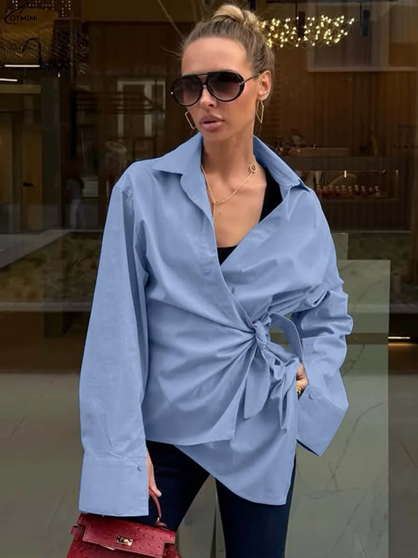 Oymimi Fashion Blue Cotton Women's Blouse Elegant Lapel Long Sleeve Lace-Up Shirts Autumn New Button Solid Female Streetwear
