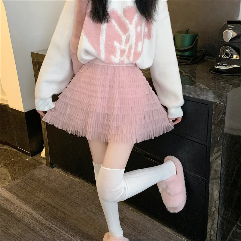 

Women Fashion Black Pink Khaki Mesh Skirt Elastic High Waist Short Gauze Cake Skirt Layered Fairy Princess A Line Tutu Skirt