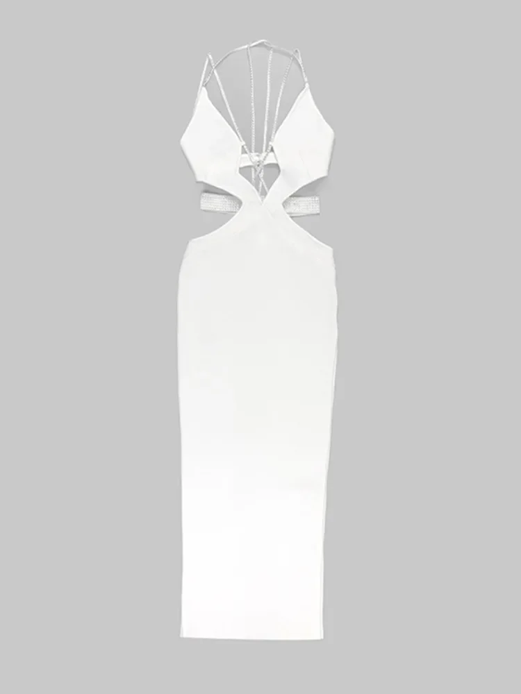 Kobiety Luksusowa Seksowna Sukienka V Neck Cut Out Diamonds Crystal White Maxi Long Bandage Dress Celebrity Elegant Evening Party Club Dress