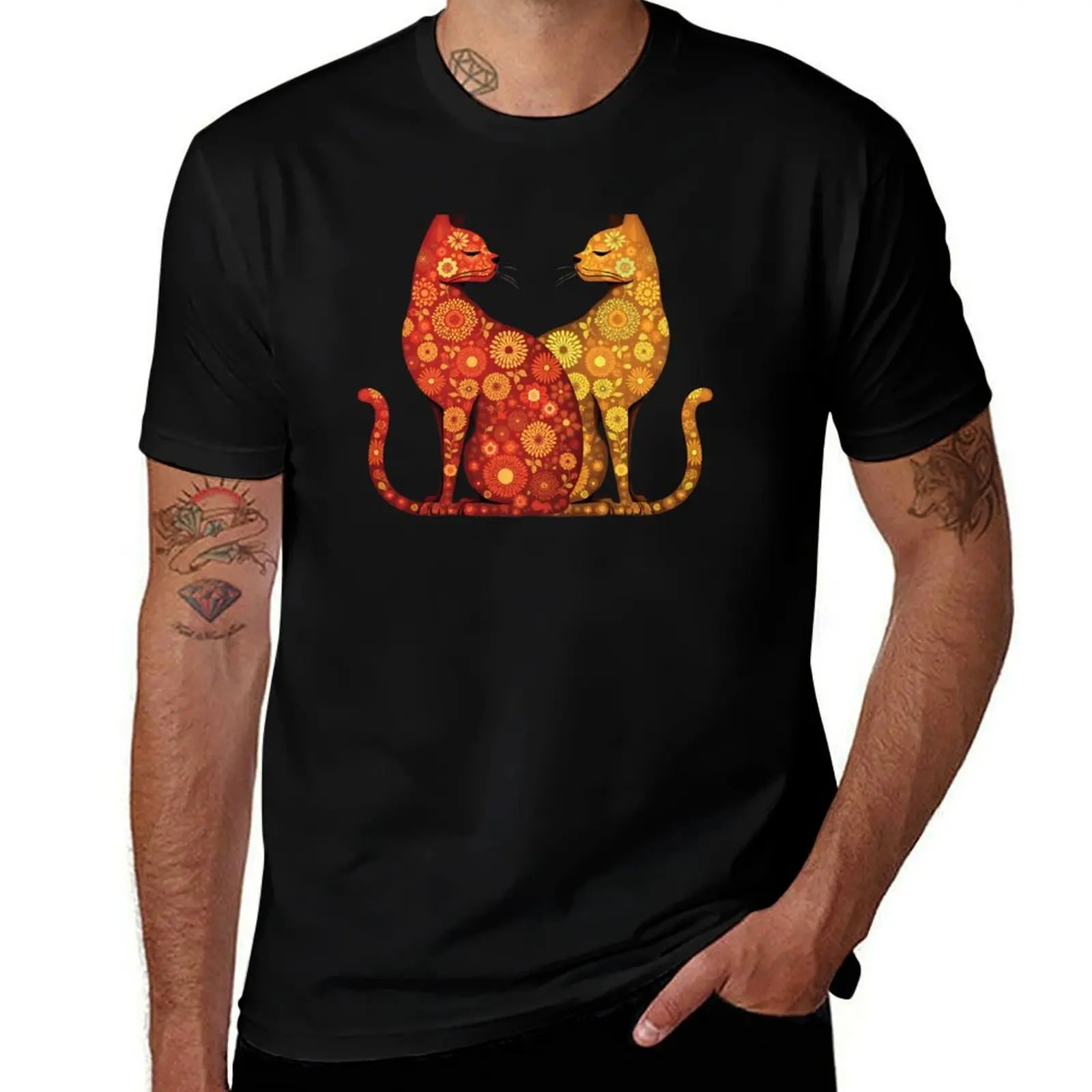 

Kaleidoscope Cats: Ornate, Contemplative Cats in Silent Encounter T-Shirt vintage summer 2025 shirts graphic tee men