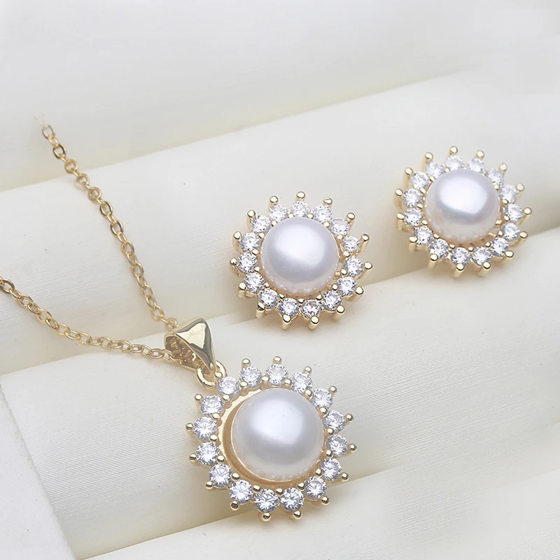 

Real Natural Freshwater necklace and earring set woman,Bridal Cute 925 silver Pearl Set Wife Mother Birthday Gift White Black