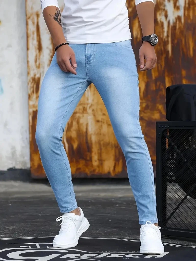 Men Jeans Skyblue Black Zipper Stretch Jeans Casual Slim Fit Trousers Male Plus Size Pencil Pants Denim Skinny Jeans for Men