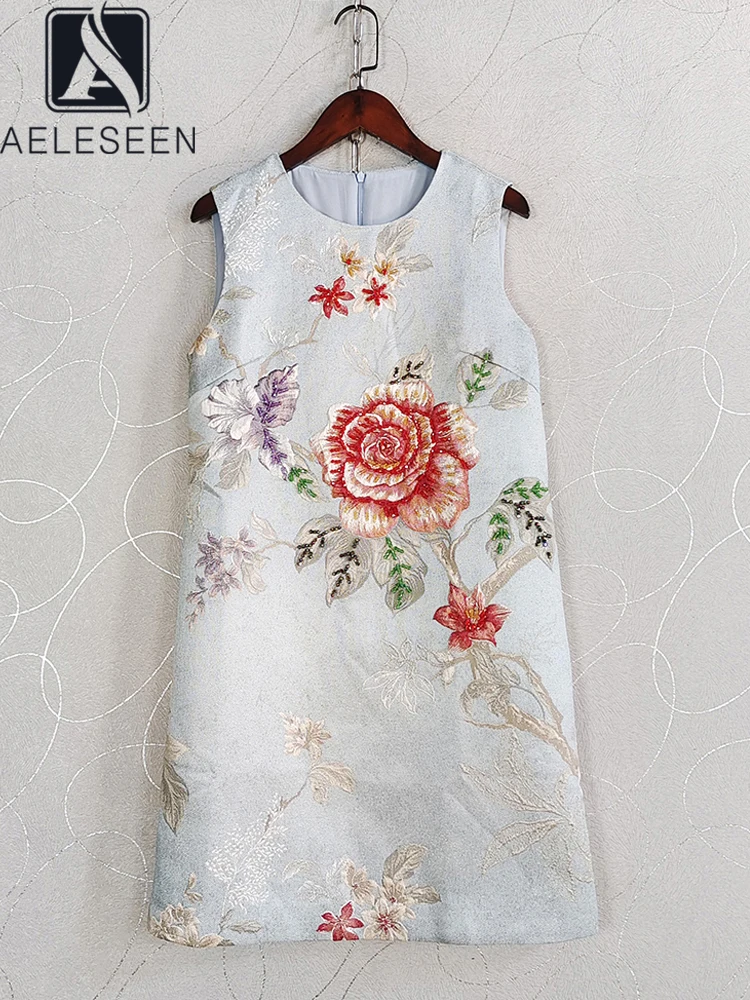 

AELESEEN Casual Summer Tank Mini Dress Women Designer Fashion New Sleeveless Flower Print Jacquard Beading High Street Holiday