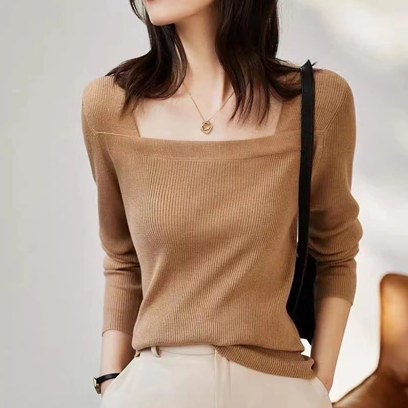 

Korean Fashion Square Collar Knitted Tops Women Spring Autumn White Black Basic Sweates Slim Long Sleeve Pullover Sweater Female