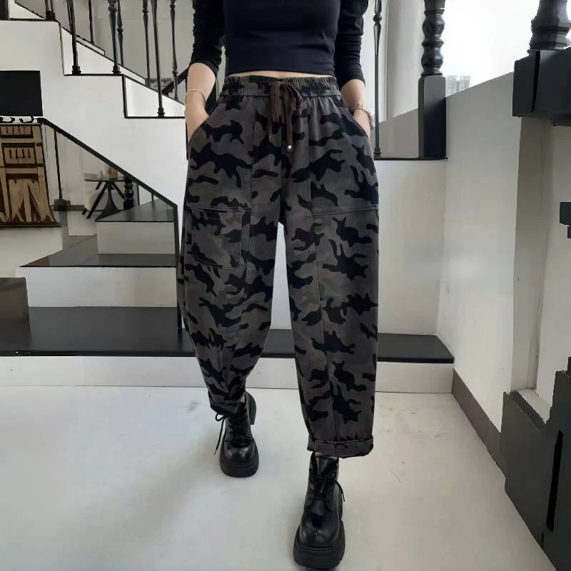 Women's Loose Fit Camouflage Print Elastic Denim Jeans High Waist Cotton Stretch Retro Sle Spring Autumn Seasonal Faion