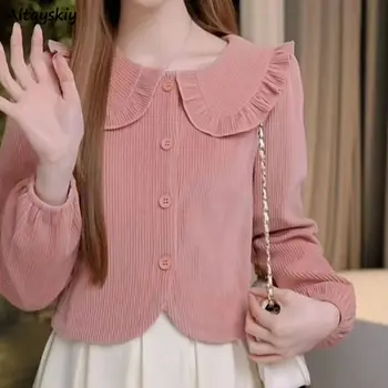 Herfst Winter Corduroy Lange Mouw Shirts Vrouwen Tedere Franse Stijl Vrouwelijke Nieuwe Mode Vintage Peter Pan Kraag Tops Vrije Tijd