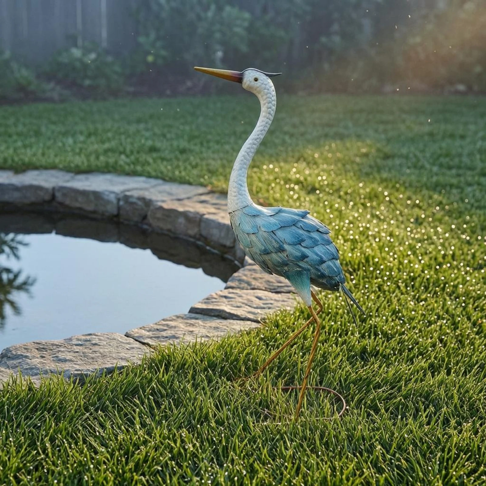 Cast Iron Crane Statue Layered Feather Details Iron Crane Statue Yard Decor Textured Stable Base for Lawn