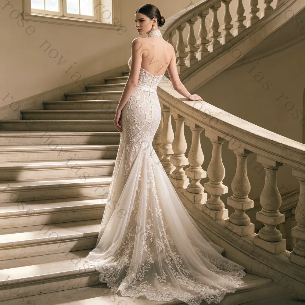 Customized Elegant Halter Neck Backless Mermaid Bridal Gown Beaded Sequin Lace Satin Waist Sash Wedding Dress Vestido De Novia