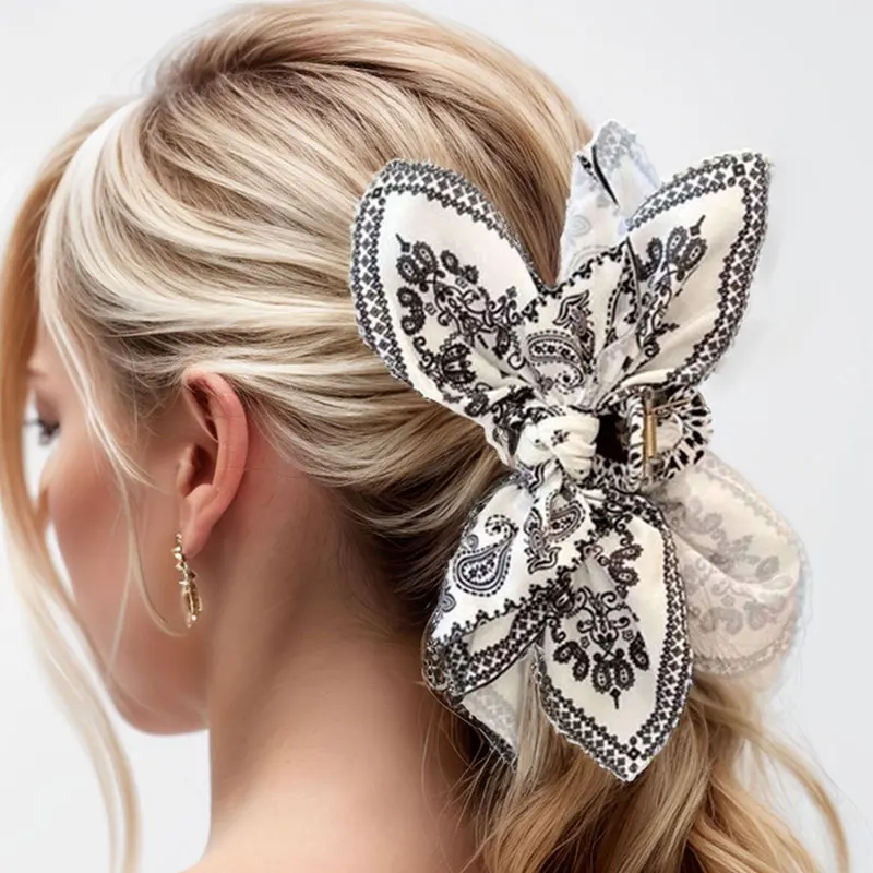 Bohemian Style White Bow Hair Claw Cashew Paisley Shark Clip Large Size Hair Clips Boho Vacation Headwear Women Hair Accessories