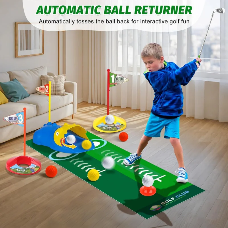 Kids Golf Set with Automatic Ball Returner,Luminous Golf Balls and Putting Mat,Mini Golf Game for Indoor Outdoor Sports Toys