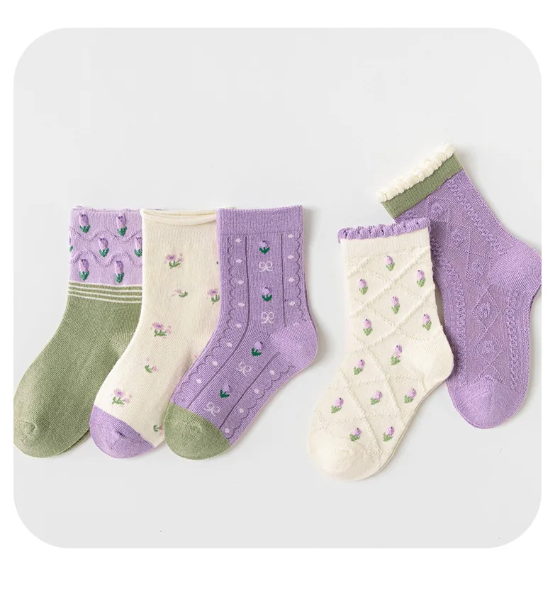 Mädchen-Baumwollsocken, Frühlings-Rüschensocken, lila Blumenmuster-Socken mit Schleife, 5 Paar, mittelhohe Socken, 1–12 Jahre, Baumwollsocken für Kinder. – Detail 8