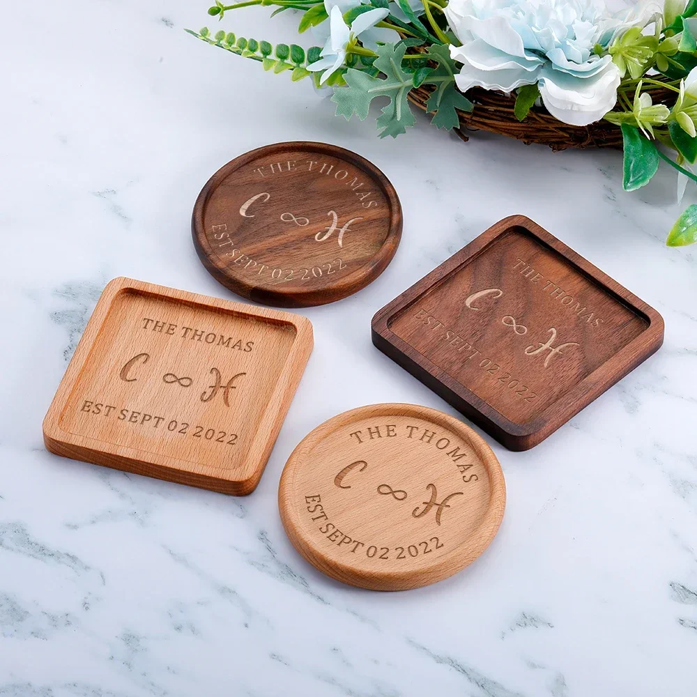 

Custom Name Coasters Wooden Tea Coffee Whisky Coaster Couple Gift Love Souvenir Table Round Square Coaster Housewarming Gifts