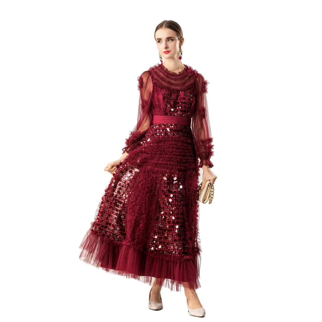Vestido maxi feminino de manga comprida com lantejoulas borgonha e tule com babados, vestido de gola alta com cintura justa e saia em camadas vestido elegante