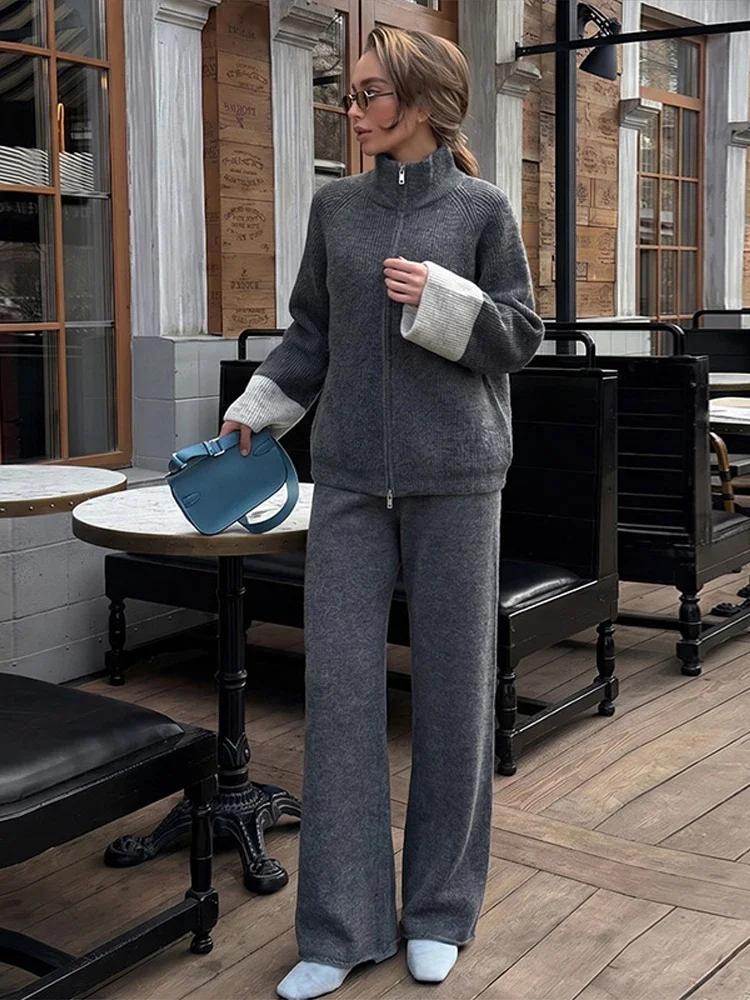 Zweiteiliges Damen-Strickset mit Cardigan und Hose, Reißverschluss-Oberteil mit Reverskragen, weit geschnittene Hose, gestricktes Set für den Alltag im Herbst – Detail 13