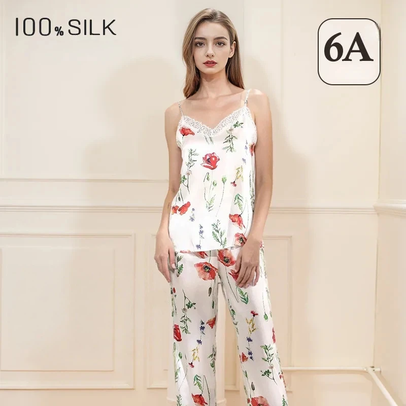 Women's Luxury Mulberry Silk Pajamas Set Sling Long Pants Cool Soft Comfortable Sleepwear Loungewear for Ultimate Relaxation