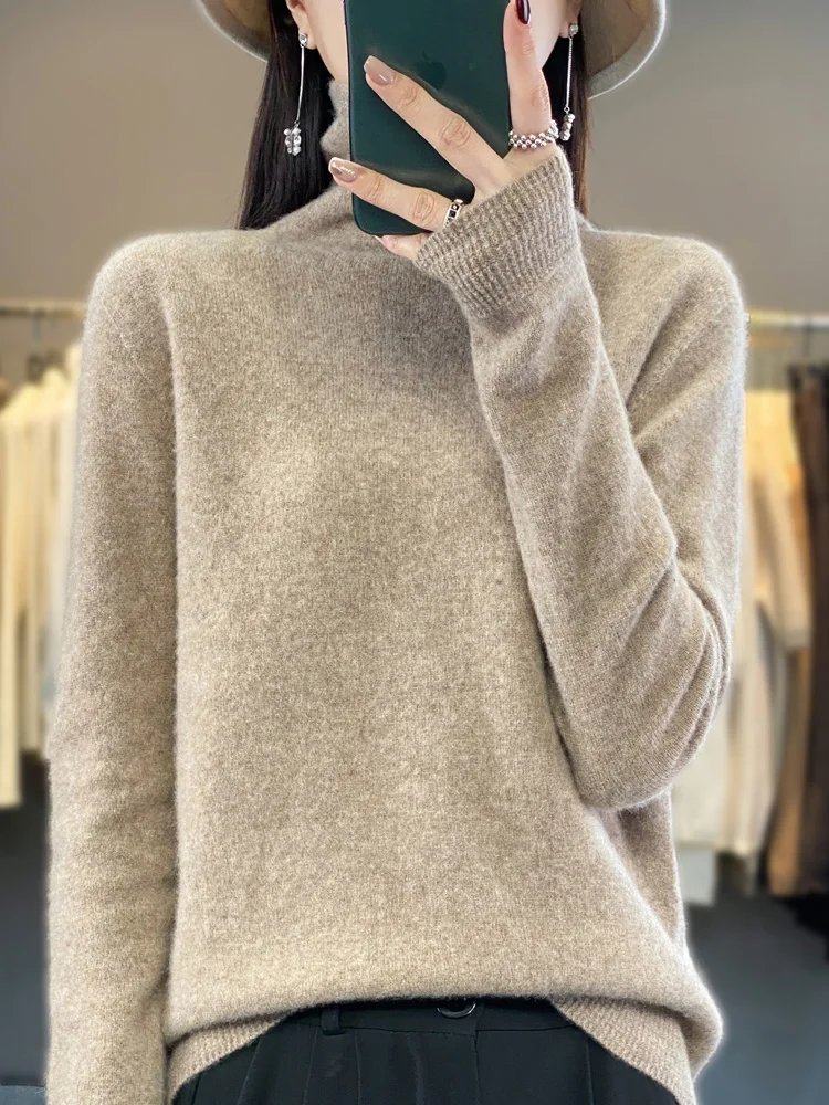 Fashion High Quality Women Sweaters 100% Pure Merino Wool Female Clothing Spring Autumn Turtleneck Top Pullovers Knitwear