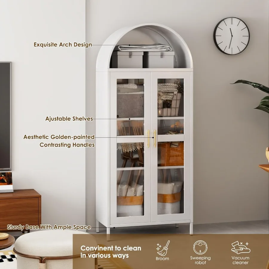 73 Zoll hoher, gewölbter Metallschrank, Küchenschrank mit Glastür, modernes, gewölbtes Bauernhaus-Bücherregal mit 2 verstellbaren Regalen