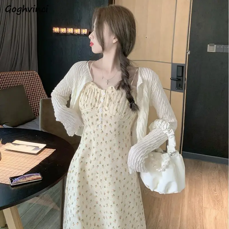 

Sets Women French Summer New Tender Knitting Cardigan Floral Dresses Soft Mid-calf All-match Mujer Spaghetti Strap Loose Button