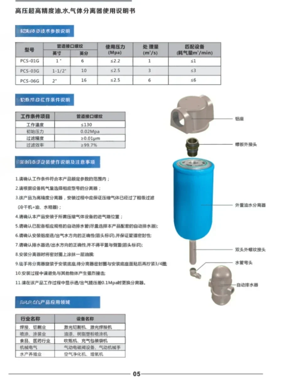 Laser cutting machine end external high pressure oil and gas separator, ultra-high precision oil and water gas separation filter