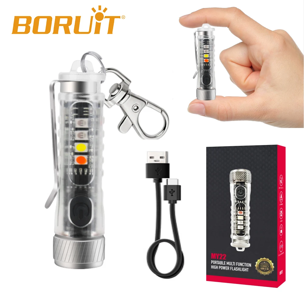 BORUiT Mini Keychain Flashlight EDC LED USB-C Rechargeable Pocket Lamp Waterproof Outdoor Fishing Torch Camping Lantern Uv Light