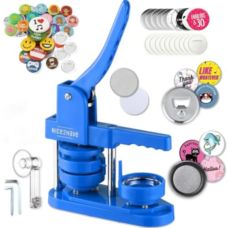 

Button Maker Machine 2.25 Inch 58mm Single Mold Pin Maker Machine Kit with 100 Buttons 5 Fridge Magnets 5 Bottle Openers Cutter